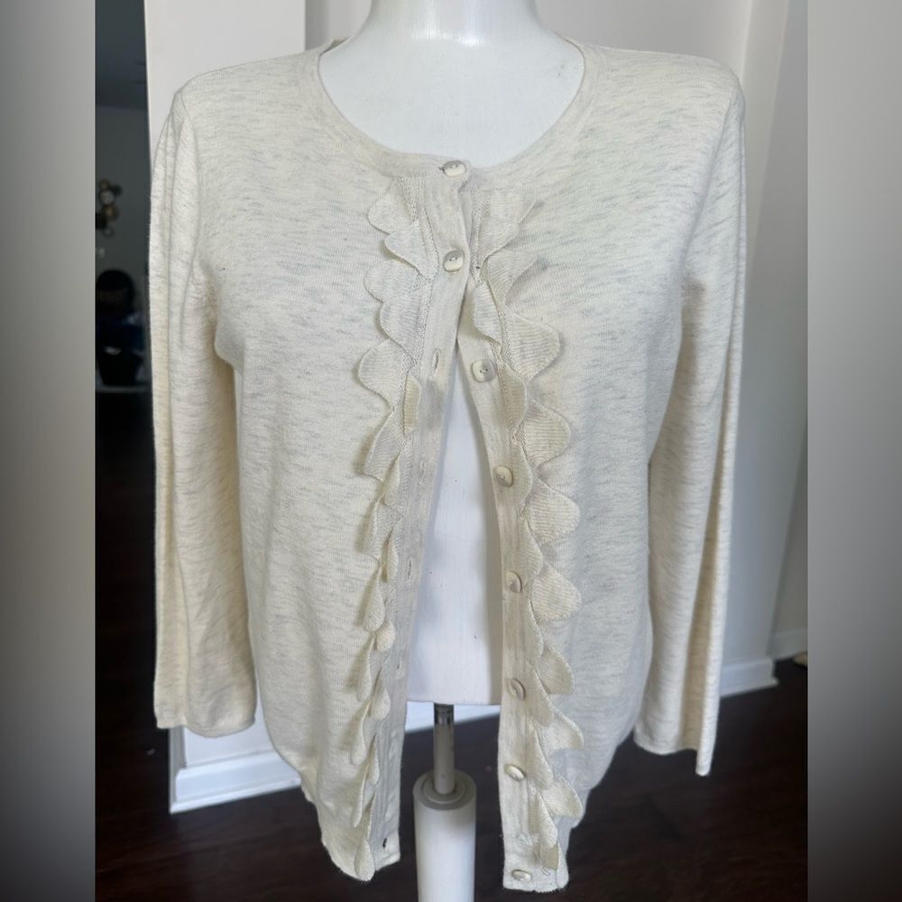 Anthropologie Sparrow Ivory Scalloped Layered Cashmere Cardigan Sweater L - Picture 1 of 6